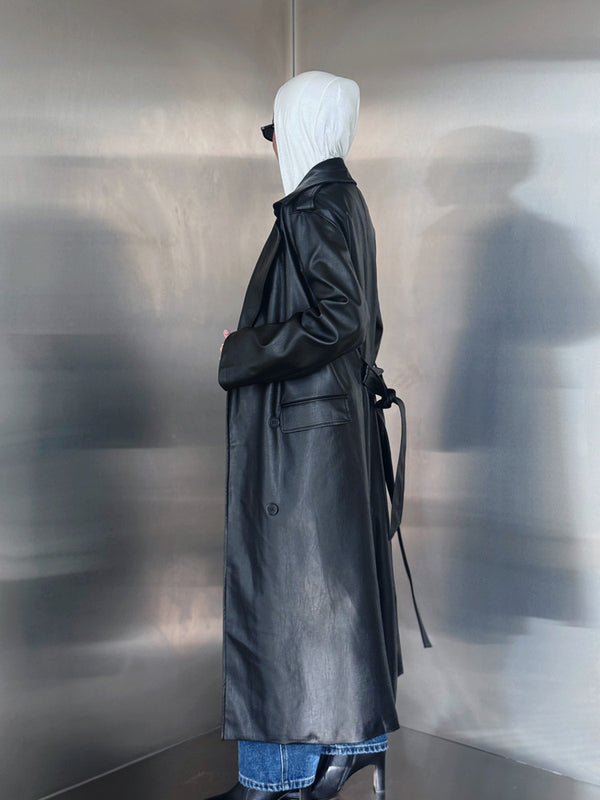 6 Buttons PU Leather Long Coat