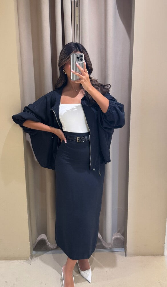 Belted Skirt Set w/ Full Zipper Top