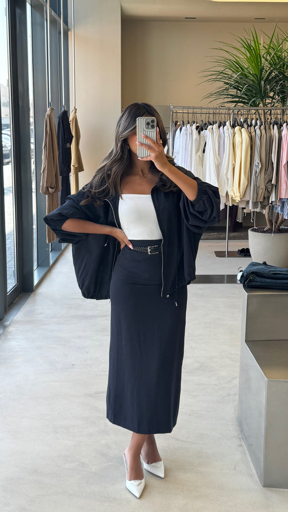Belted Skirt Set w/ Full Zipper Top