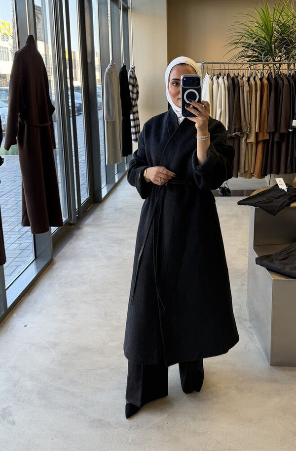 Woolen Coat W/ black  Stitched Pattern Belt