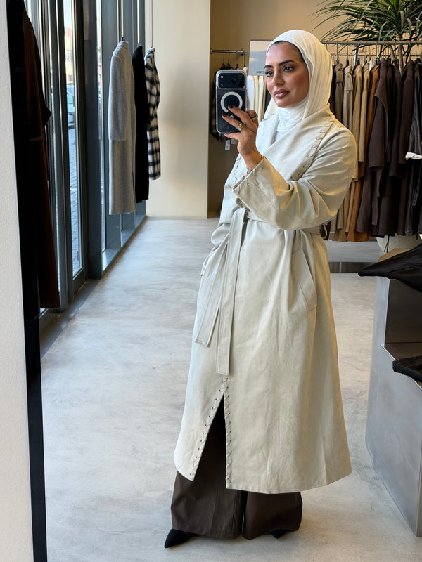 Decorative Lacing Suede Belted Long Coat