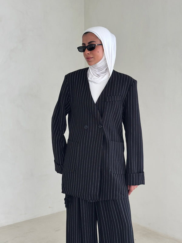 2 Buttons V-neck Striped Sets