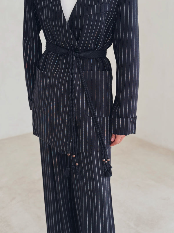 2 Buttons V-neck Striped Sets