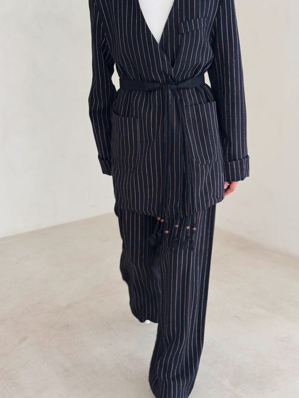 2 Buttons V-neck Striped Sets