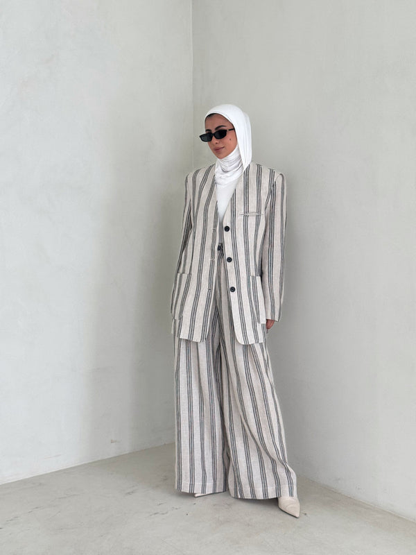 Buttoned Stripe Vneck Blazer SetX