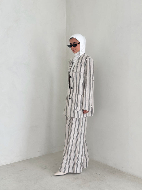 Buttoned Stripe Vneck Blazer SetX