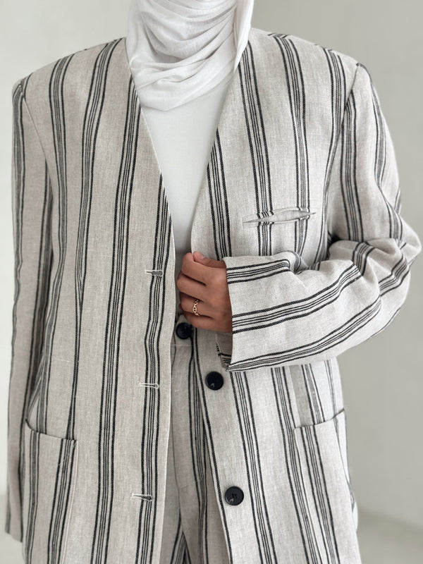 Buttoned Stripe Vneck Blazer SetX