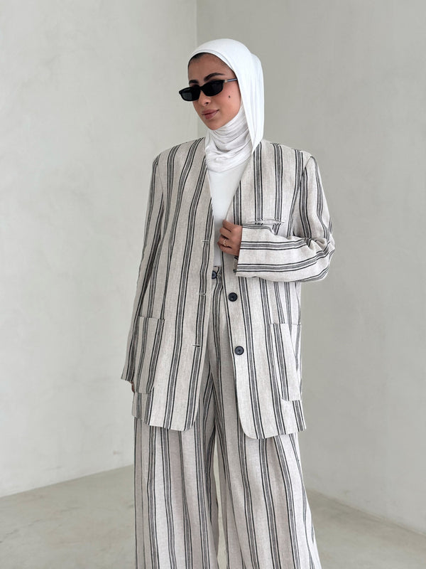 Buttoned Stripe Vneck Blazer SetX