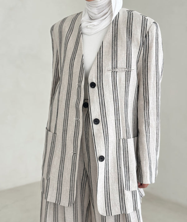 Buttoned Stripe Vneck Blazer SetX