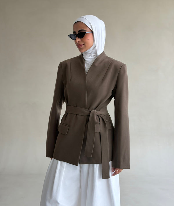 Lapelless Belted Tailored Blazer