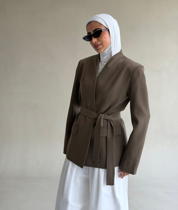 Lapelless Belted Tailored Blazer