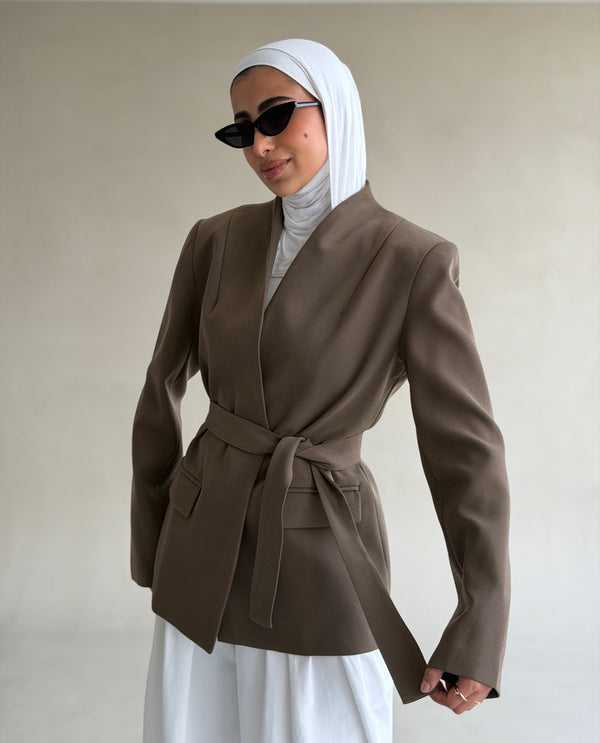 Lapelless Belted Tailored Blazer