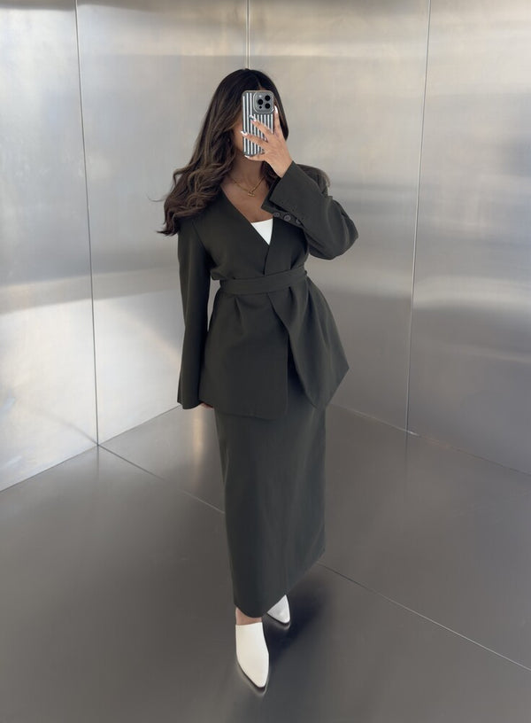 2PC Belted Open Blazer Skirt Set