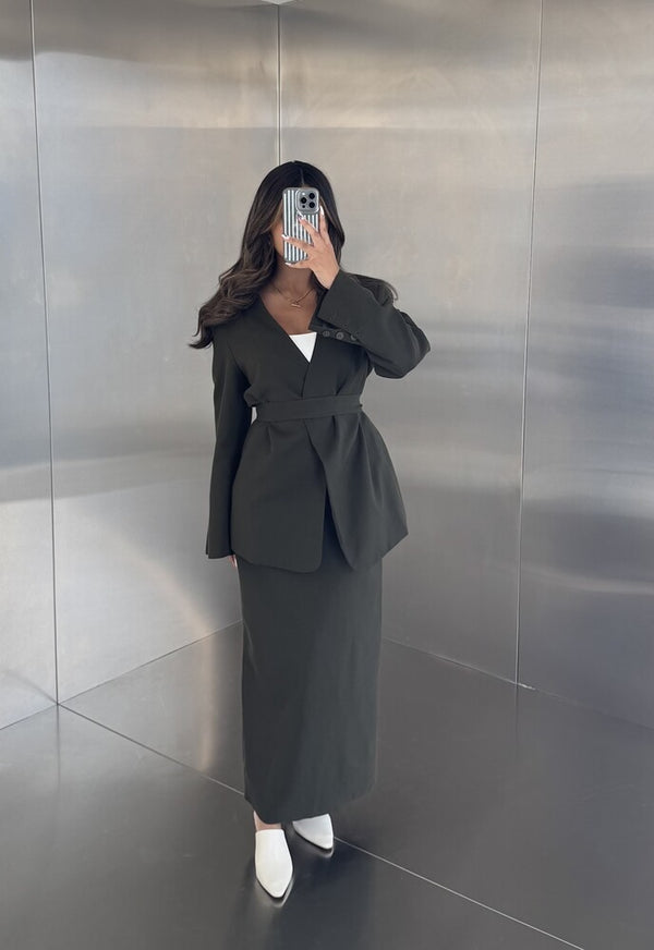 2PC Belted Open Blazer Skirt Set