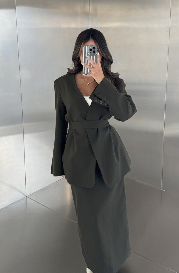 2PC Belted Open Blazer Skirt Set