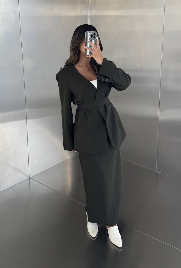 2PC Belted Open Blazer Skirt Set