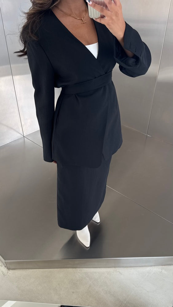 2PC Belted Open Blazer Skirt Set