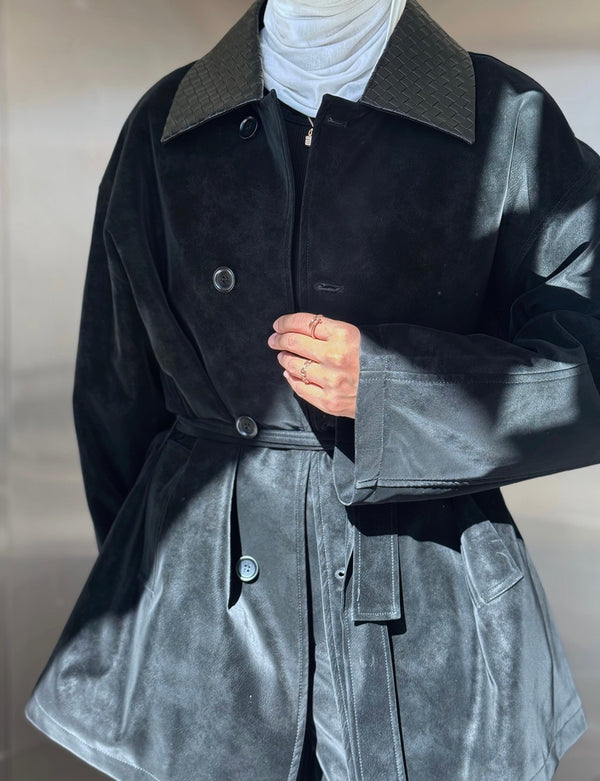 Leather Collared Suede Set