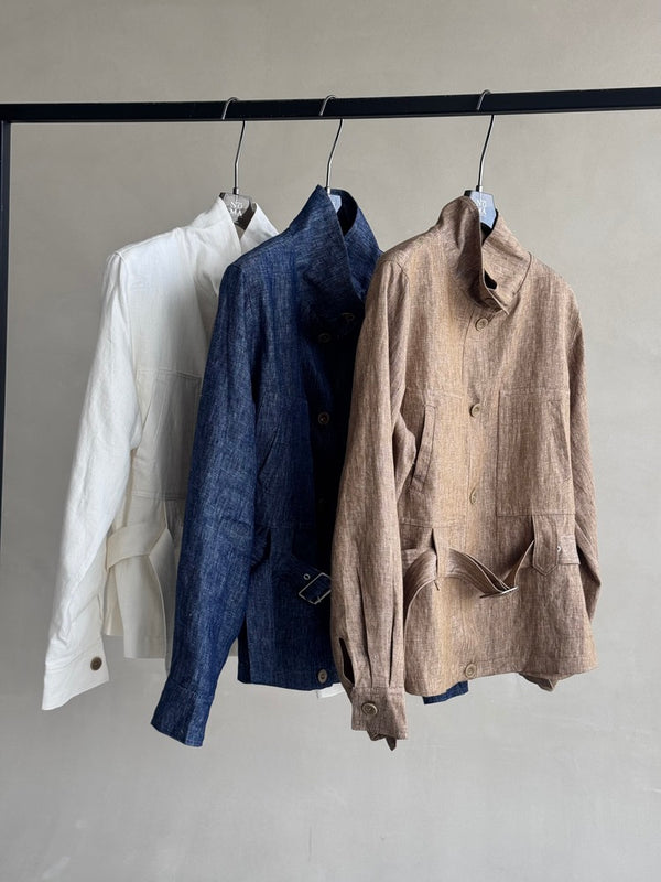 Linen Belted Stand Collar Short Jacket