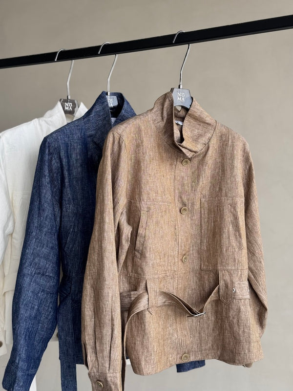 Linen Belted Stand Collar Short Jacket