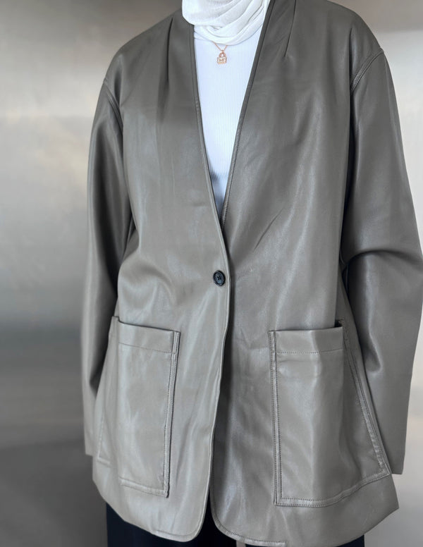 2 Pockets Vneck Leather Jacket