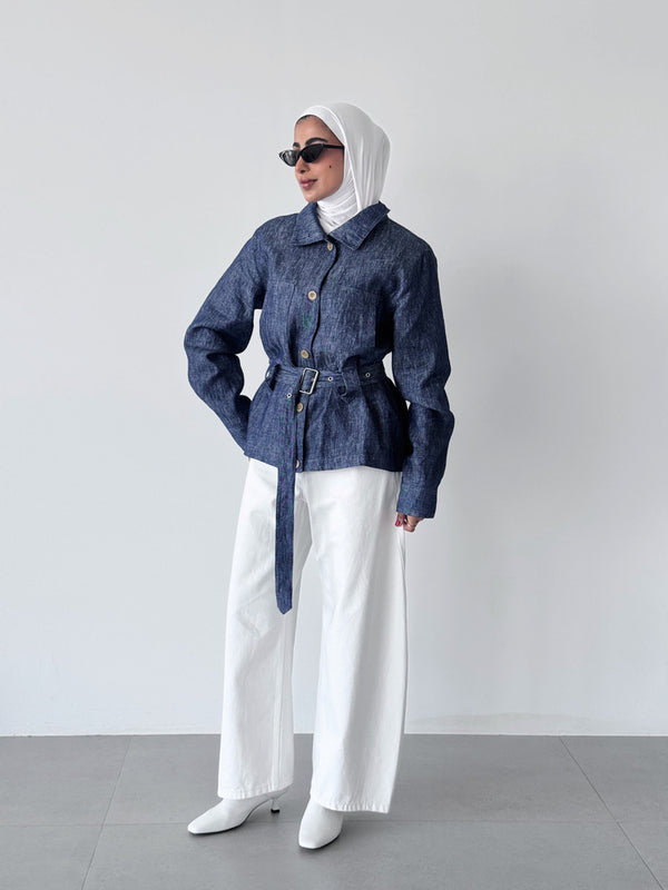 Linen Belted Stand Collar Short Jacket