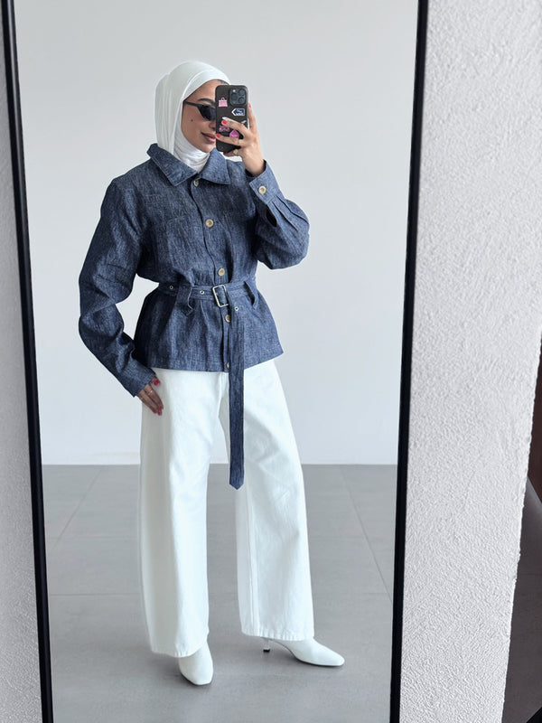 Linen Belted Stand Collar Short Jacket