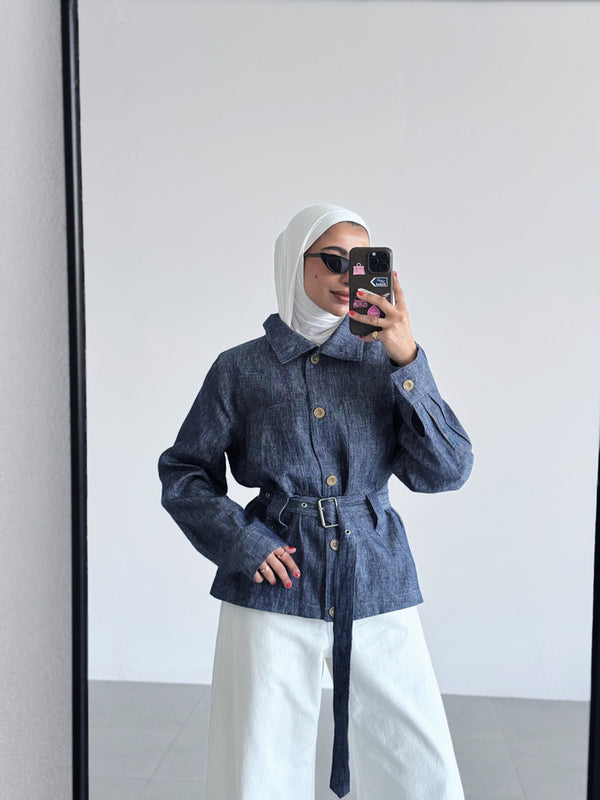 Linen Belted Stand Collar Short Jacket