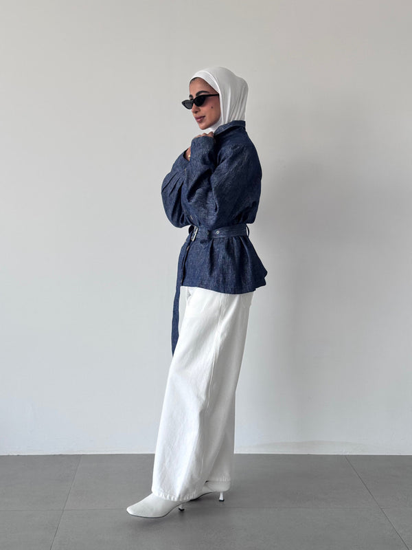 Linen Belted Stand Collar Short Jacket