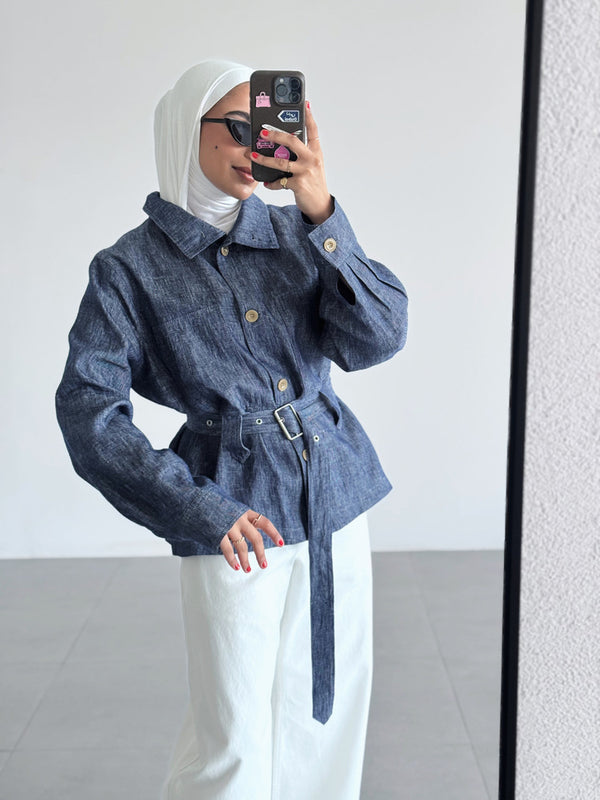 Linen Belted Stand Collar Short Jacket