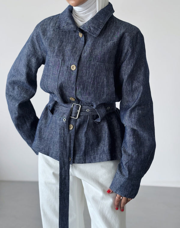 Linen Belted Stand Collar Short Jacket