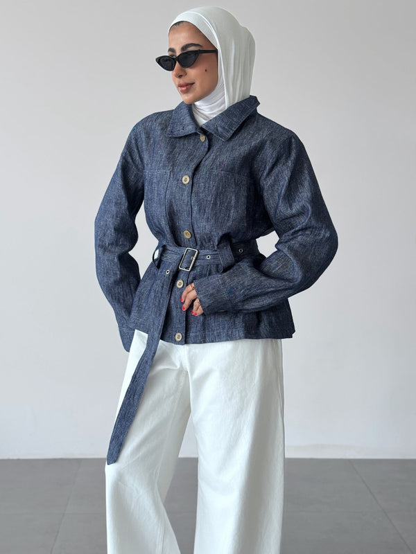 Linen Belted Stand Collar Short Jacket