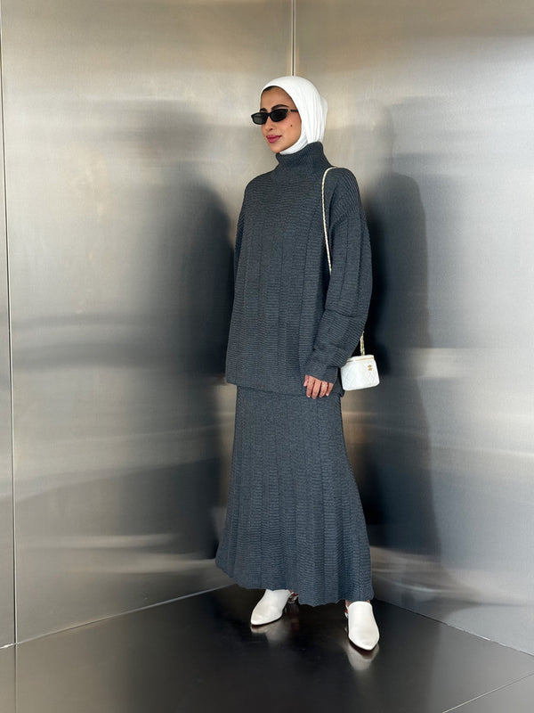 Turtleneck Ribbed Design  Skirt Set
