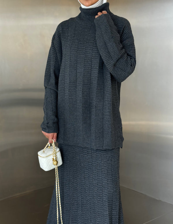 Turtleneck Ribbed Design  Skirt Set
