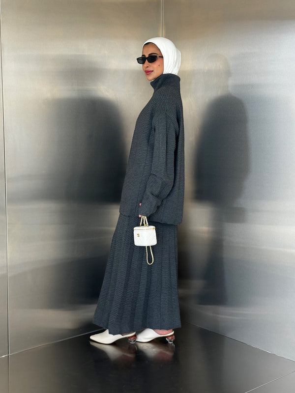 Turtleneck Ribbed Design  Skirt Set