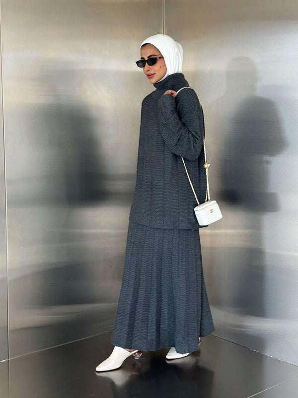 Turtleneck Ribbed Design  Skirt Set