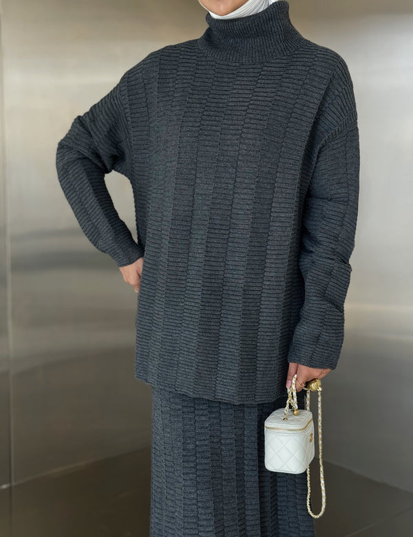 Turtleneck Ribbed Design  Skirt Set