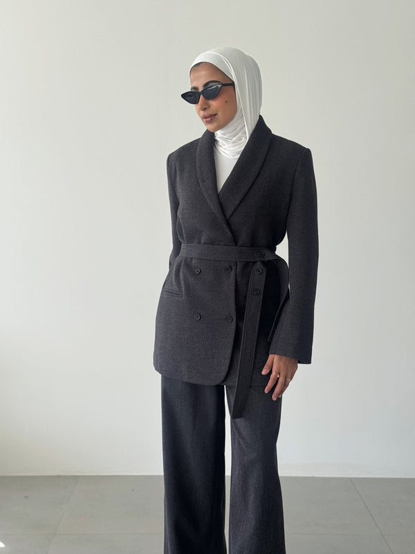 Woolen Belted  Blazer Set