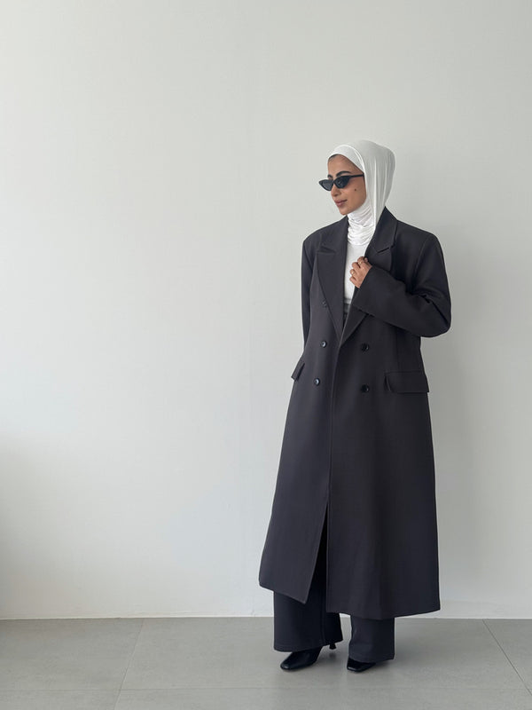 Lace-up 6 Buttons Longline Coat Set 2PC