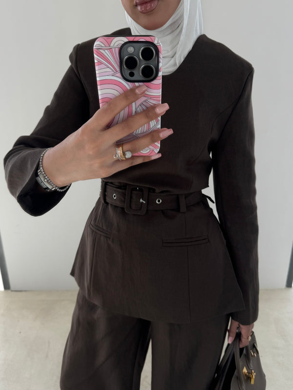 Buckle Belted Round Neck Set