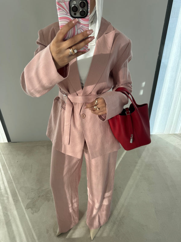 2PC Linen Belted Blazer Set