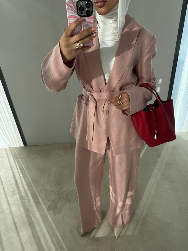 2PC Linen Belted Blazer Set