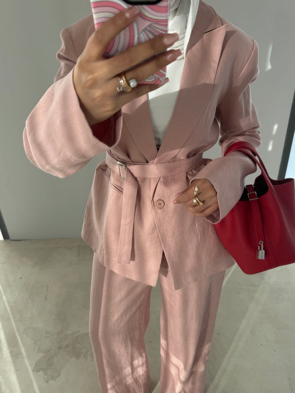 2PC Linen Belted Blazer Set