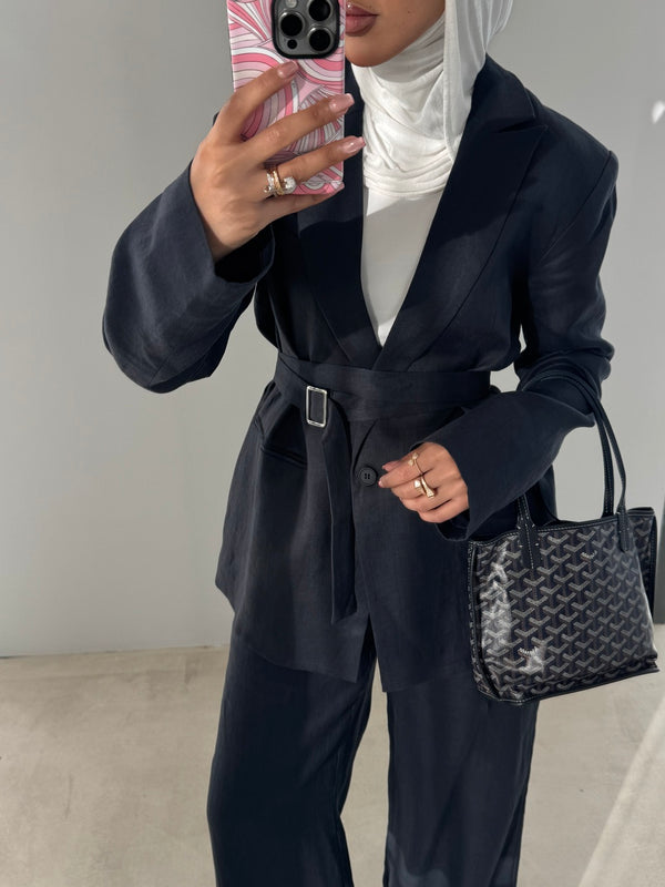 2PC Linen Belted Blazer Set