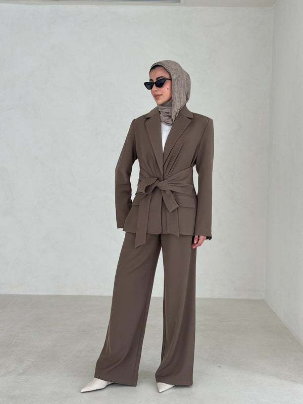 Wide Belt Blazer Pants Set