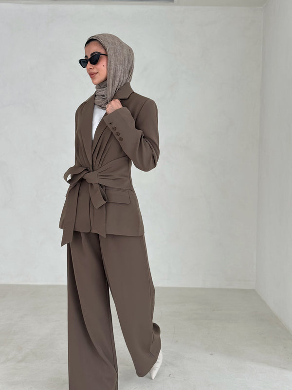Wide Belt Blazer Pants Set