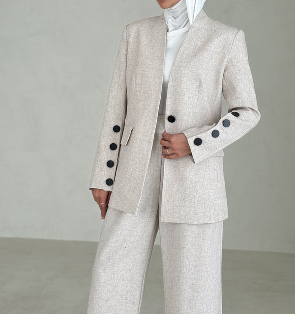 Buttoned Sleeve V neck Blazer 2PC Set
