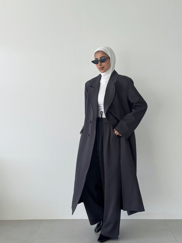 Lace-up 6 Buttons Longline Coat Set 2PC