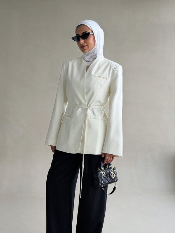 Belted Collarless Blazer