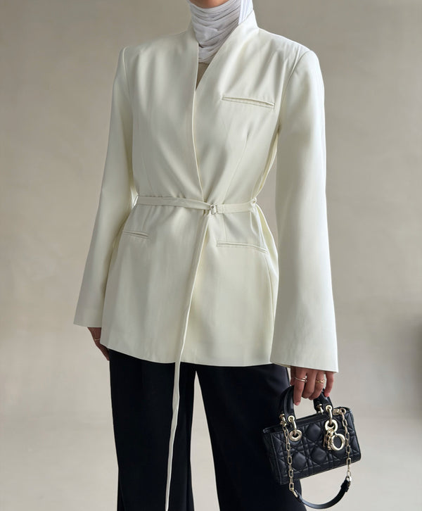 Belted Collarless Blazer